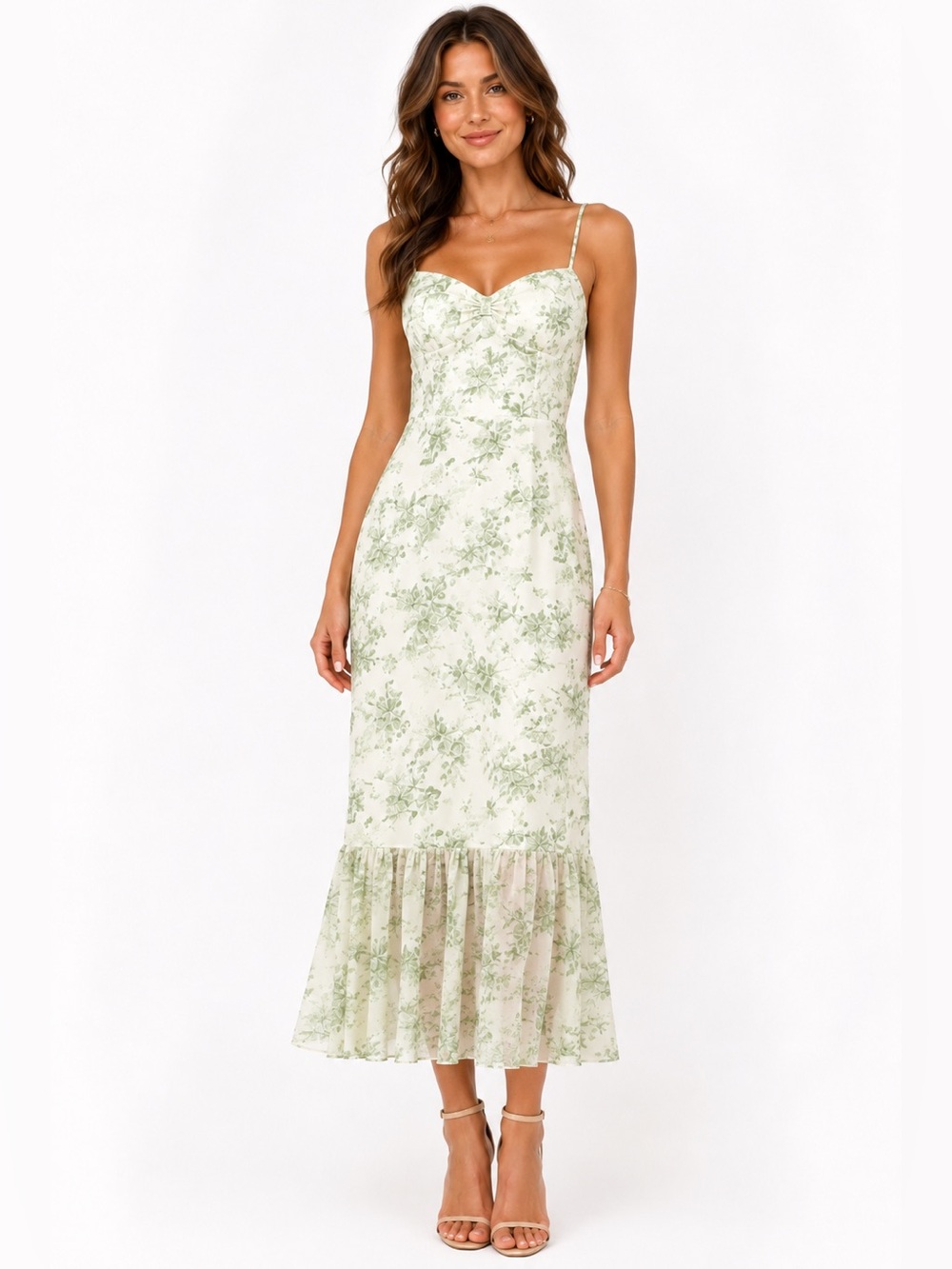 AW Bridal Green Floral Chiffon Maxi Dress Size 8 Bridesmaid Wedding Guest